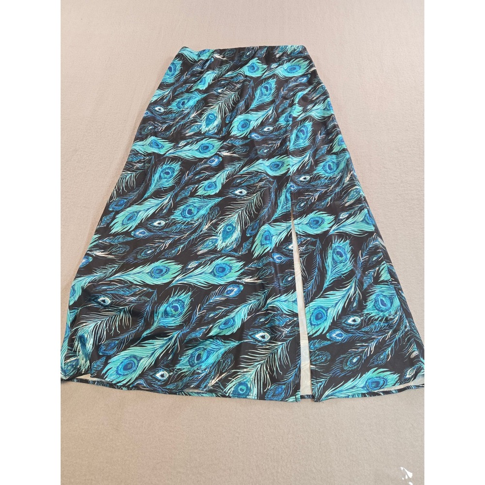 Blue Rain Francesca's Maxi Skirt Women S Blue Peacock Feather Print Side Slit - Picture 1 of 7